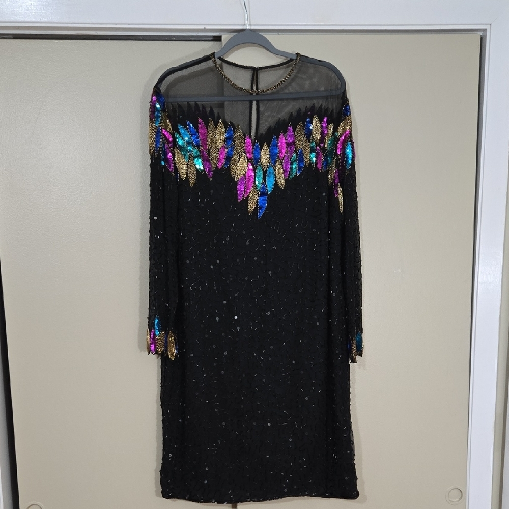 Maison Magique Black Sequin & Beaded Dress with Colorful Accents Size XL